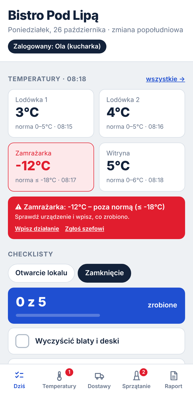 Zrzut ekranu aplikacji dla gastronomii